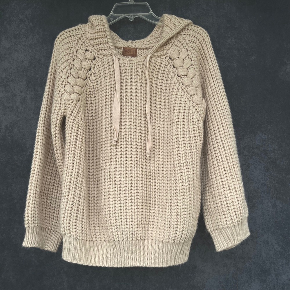 POL Womens Cream Chunky Knit Hooded Oversized Sweater Cabincore‎ Cozy Boho Small